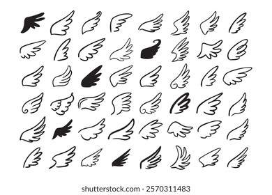 Doodle outline sketch angel wings. Angel feather wing, silhouette. Linear fly winged angels, flying heaven hand drawn doodle icons. Vector illustration