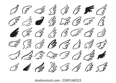 Doodle outline sketch angel wings. Angel feather wing, silhouette. Linear fly winged angels, flying heaven hand drawn doodle icons. Vector illustration