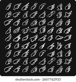 Doodle outline sketch angel wings on black background