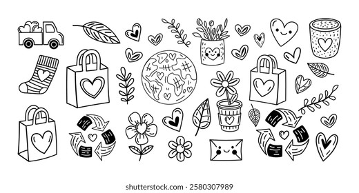 Doodle outline sketch







 with hearts, love, valentine, nature, recycle, zero waste