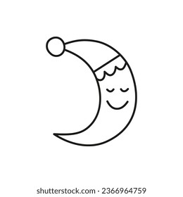 Doodle outline sleeping month with cap isolated on white background. Cute good night symbol.
