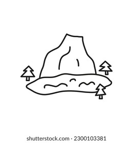 Doodle outline sleeping volcano, lake and trees around isolated on white background.