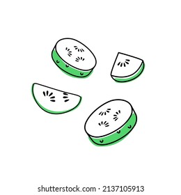 Doodle outline slice cucumber with spot. Vector illustration for packing