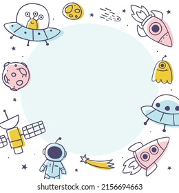 Doodle outline space frame design template for kids banner. Childish border with cosmic doodles.