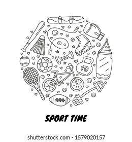 Doodle outline sport items, equipment composed in circle shape.