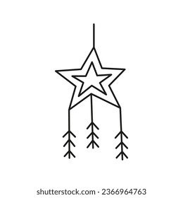 Doodle outline star decoration with fir twigs isolated on white background. Cute New year symbol.