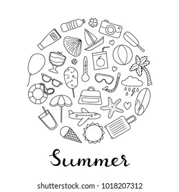 Doodle outline summer and vacation items composed in circle shape with lettering.