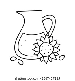 Doodle outline sunflower oil in glass jug isolated on white background. Vegetable fats. Healthy nutrition concept.