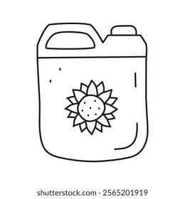 Doodle outline sunflower oil in plastic bottle isolated on white background. Vegetable fats. Healthy nutrition concept.