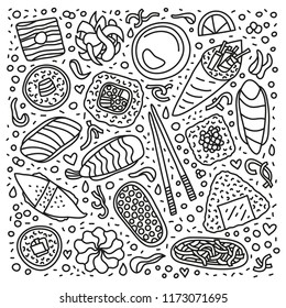 Doodle outline sushi, rolls, chopsticks, wasabi, ginger and symbols isolated on white background.