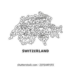 Doodle outline Switzerland tourist map with national landmarks and attractions isolated on white background. Welcome poster.