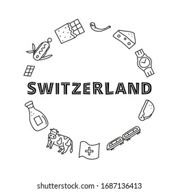 Doodle outline Switzerland travel icons including cheese, chocolate, cable car, train, cow, fondue, alphorn, milk, watch composed in circle shape.