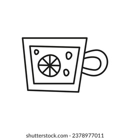 Doodle outline tea with lemon slice in glass mug isolated on white background.