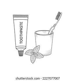 Doodle outline toothpaste in tube toothbrush in a glass and mint isolated on white background.