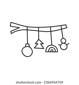 Doodle outline tree twig with Christmas toys isolated on white background. Cute New year symbol.