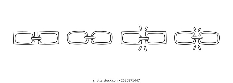 Doodle outline unlink icon set. Weak disconnect outline broken gap unlink collection. Vector illustration