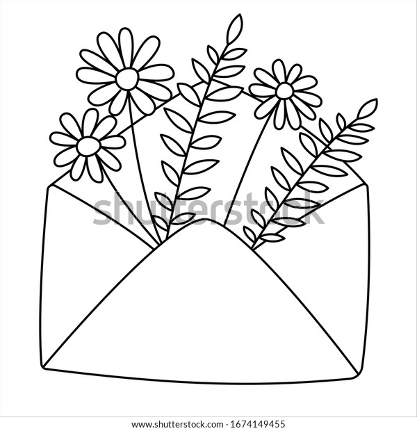 花と封筒の落書き風アウトラインベクターイラスト かわいい春の落書き 白黒の線画 子ども用のカラーリングページ シンプルなラインアート のベクター画像素材 ロイヤリティフリー