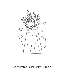 Doodle outline watering can with autumn bouquet of maple leaves, pine cones, sunflower and berries isolated on white background. Cute fall illustration.