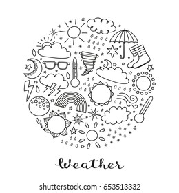 Doodle outline weather icons including sun, clouds, rain drops, snowflakes, stars, moon, rainbow, thunder, thermometer composed in circle with lettering.
