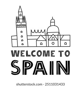 Doodle cartel de bienvenida con el edificio de la catedral de Sevilla y letras aisladas sobre fondo blanco.