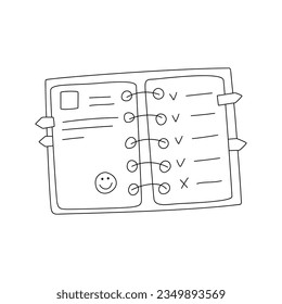 Doodle outline wirebound notebook, diary with notes, stickers and bookmarks. A daily planner for tasks with a to-do list Black and white linear vector illustration isolated on a white background