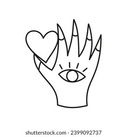Doodle outline witch hand with seeing eye, claws and heart isolated on white background.