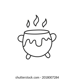 Doodle outline witchy boiling pot icon isolated on white background.