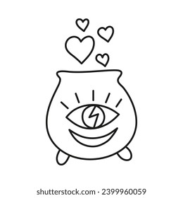 Doodle outline witchy boiling pot with third eye, hearts and moon isolated on white background.