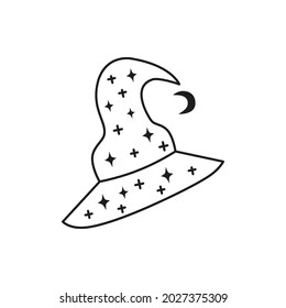Doodle outline witchy hat icon isolated on white background.