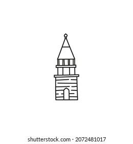 Doodle outline wooden church isolated on white background.