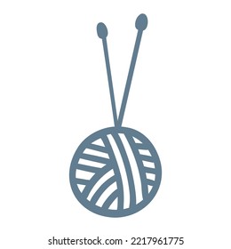 Doodle outline yarn ball icon with needles. Hand drawn vector illustration of knitting supplies, hobby items, leisure time.