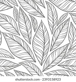 los contornos de doodle de hojas dispersas caóticamente en un fondo blanco sin fisuras. boceto de hojas afiche cuadrado elegante para el interior