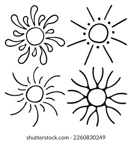 Doodle outlines of the sun. Vector drawing of sunbeams. Variety of sunbeams
