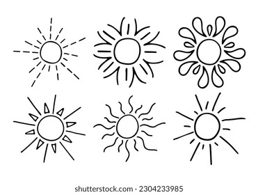Doodle outlines of the sun. Vector drawing of sunbeams. Variety of sunbeams