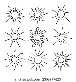 Bordes de garabatos del sol. Dibujo vectorial de los rayos de sol. Variedad de vigas de sol