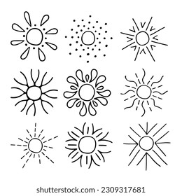 Bordes de garabatos del sol. Dibujo vectorial de los rayos de sol. Variedad de vigas de sol