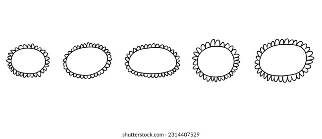 Doodle oval frame set. Doodle wavy curve scrawl flower textured round frames. Border mirror sketch. Vector illustration on a white background.