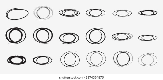 Doodle oval. Hand drawn ovals and circles set. Hand-drawn ellipse, round grunge frame and circled doodle isolated icon set. Ellipses in doodle style. Set of vector illustration.