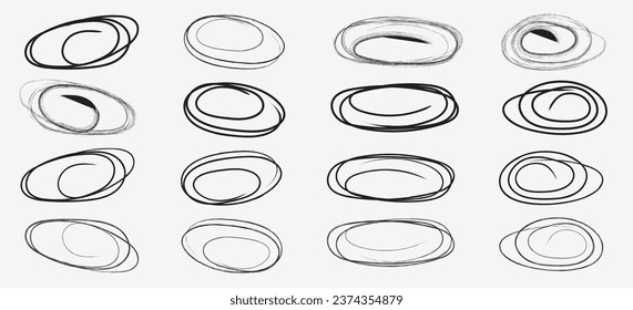 Doodle oval. Hand drawn ovals and circles set. Hand-drawn ellipse, round grunge frame and circled doodle isolated icon set. Ellipses in doodle style. Set of vector illustration.