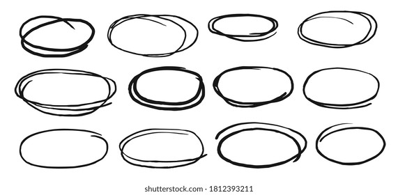 Doodle oval. Hand-drawn ellipse, round grunge frame and circled doodle isolated icon set on white. Oval brush or highlighter handwritten circle shape illustration. Vector abstract border for design