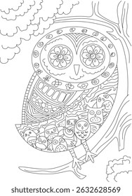 Doodle Owl with Inner Owlets Coloring Page, Detailed doodle style black and white illustration of a large patterned owl sitting on a tree branch, filled with a crowd of small, cute owlets inside its