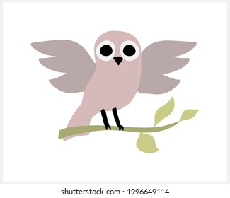 Doodle owl on branch clipart isolated on white. Cartoon vector stock illustration. EPS 10