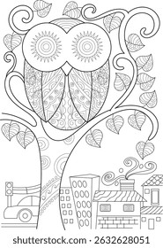 Doodle Coruja Empoleirado em árvore Branch Acima da paisagem urbana, ilustração estilo doodle desenhado à mão de uma coruja estilizada sentado em um galho de árvore adornado com folhas estampadas, olhando para baixo em uma paisagem urbana simples