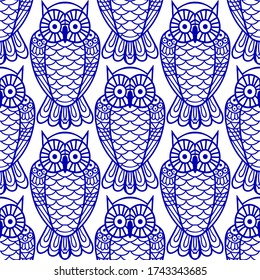 búho doodle. Patrón sin foco. Esbozar ilustración negra en fondo blanco. Ilustración del libro infantil vectorial. Bird Resumen de búho vectorial. Libro de colorear. Esbozo de dibujo manual. Página coloreada por antiestrés