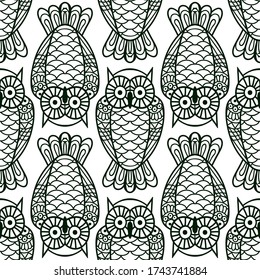 doodle owl. Seamless pattern. Sketch black illustration on white background. Vector children book illustration. Bird Abstract vector owl. Coloring book. Hand drawing sketch. Antistress colored page
