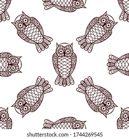 doodle owl. Seamless pattern. Sketch black illustration on white background. Vector children book illustration. Bird Abstract vector owl. Coloring book. Hand drawing sketch. Antistress colored page
