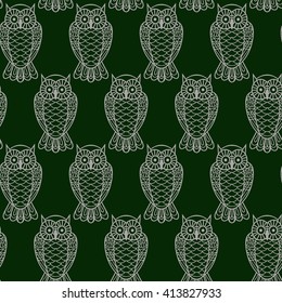 doodle owl seamless pattern. Sketch white illustration on green background. Vector children book illustration. Bird  Abstract vector owl. Coloring book. Hand drawing sketch.