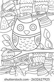 Doodle Owl with Sweet Treats Coloring Page, Black and white doodle style illustration of a cute owl perched on a branch surrounded by various sweet treats like cupcakes, cakes, and donuts. Designed