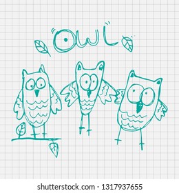 doodle owl vector cartoon, illustration for kids