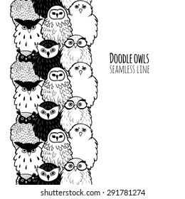 Doodle owls. Seamless line.